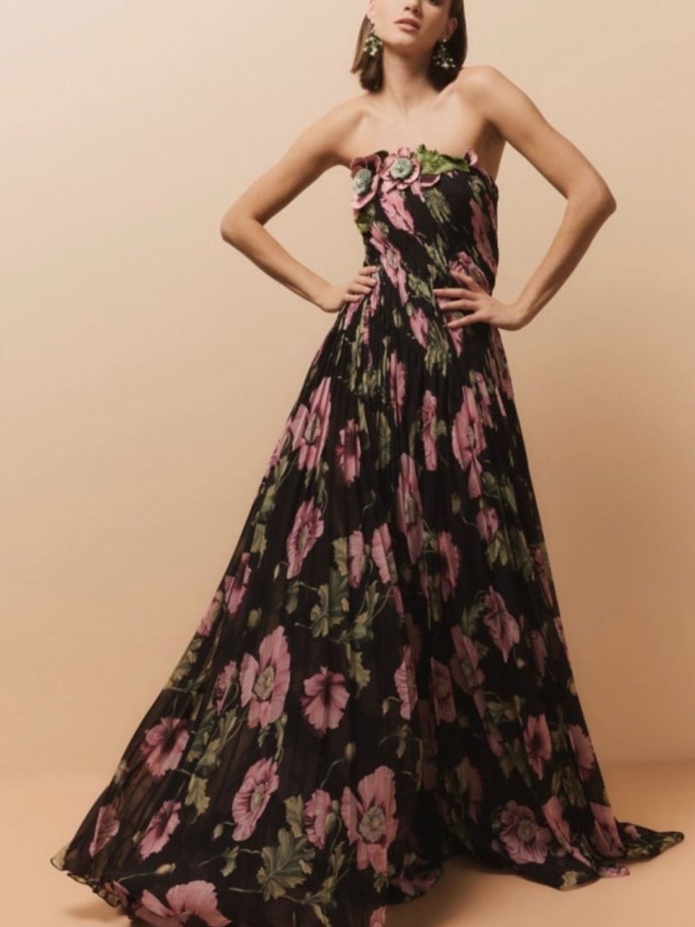 Oscar de la Renta Black Strapless Floral Gown with Pink & Green